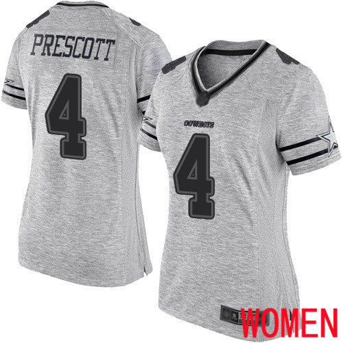 Women Dallas Cowboys Limited Gray Dak Prescott #4 Gridiron II NFL Jersey